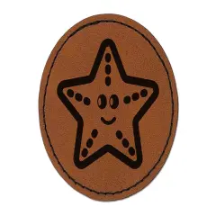 Starfish Doodle Round Iron-On Engraved Faux Leather Patch Applique - 2.5" Brown