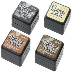 4 Pieces Ranger THoltz Ink Set 3 Tim Holtz Distress InkSet, Mini (Four 1x1 inch Pads), Antique Linen, Vintage Photo, Walnut Stain, and Black Soot,