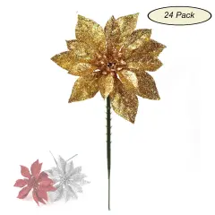 24-Pack: Sparkling Vibrant Gold Glitter Poinsettia Picks by Floral Home&reg;