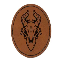 Dragon Skull Horns Round Iron-On Engraved Faux Leather Patch Applique - 2.5" Brown