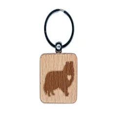 Shetland Sheepdog Sheltie Dog with Heart Engraved Wood Square Keychain Tag Charm