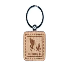 Morocco Travel Saguaro Desert Cactus Engraved Wood Square Keychain Tag Charm
