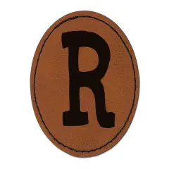 Letter R Uppercase Cute Typewriter Font Round Iron-On Engraved Faux Leather Patch Applique - 2.5" Brown