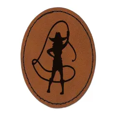 Rodeo Cowboy Woman Cowgirl Waving Lasso Around Round Iron-On Engraved Faux Leather Patch Applique - 2.5" Brown