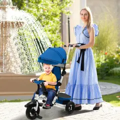 Folding Tricycle Baby Stroller with Reversible Seat and Adjustable Canopy Blue
