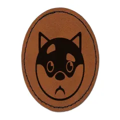 Husky Dog Face Curious Round Iron-On Engraved Faux Leather Patch Applique - 2.5" Brown