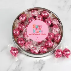 Valentine's Day Candy Gift Tin with Chocolate Lindor Truffles by Lindt Large Plastic Tin with Sticker - Hugs & Kisses