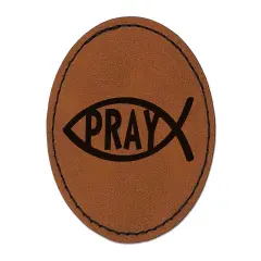 Pray Ichthys Fish Christian Sketch Round Iron-On Engraved Faux Leather Patch Applique - 2.5" Brown