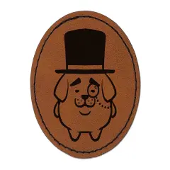 Weird Fancy Gentleman Dog Pup Top Hat Monocle Round Iron-On Engraved Faux Leather Patch Applique - 2.5" Brown