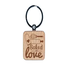 Baked With Love Whisk Rolling Pin Engraved Wood Square Keychain Tag Charm