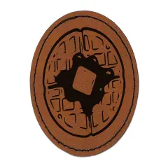 Breakfast Waffle Butter Syrup Round Iron-On Engraved Faux Leather Patch Applique - 2.5" Brown