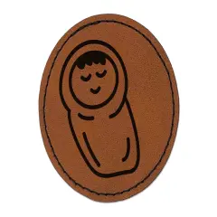 Sleeping Baby Doodle Round Iron-On Engraved Faux Leather Patch Applique - 2.5" Brown