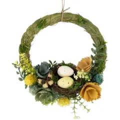 Northlight 12" Easter Egg and Bird Nest Wreath with Wooden Flowers Green