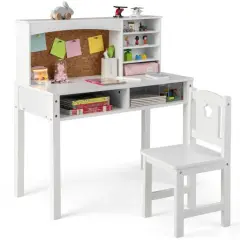 Kids Wooden Desk and Chair Set with 4-tier Storage Shelves and 2 Open Drawers White