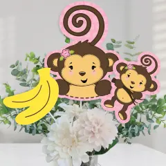 Big Dot of Happiness Pink Monkey Girl - Baby Shower or Birthday Party Centerpiece Sticks - Table Toppers - Set of 15