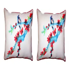 Pair Of Betsy Drake Red Buds & Bird Small Outdoor/Indoor Pillows 11 X 14