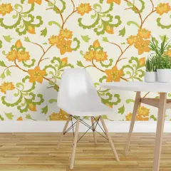 Pre-Pasted Wallpaper 2FT Wide Trailing Floral Orange Chintz Indian Botanical Green Cream Retro Flowers Custom Pre-pasted Wallpaper by Spoonflower