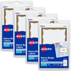 Avery Name Tags, Print or Write, Gold Border, 100 Adhesive Tags Per Pack, 4 Packs, 400 Total (05146)