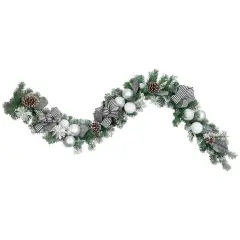 Northlight 6' Frosted Pine Artificial Christmas Garland with Striped Bows and Ornaments White