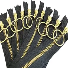 9 inches YKK Number 5 Golden Brass Metal 10 Zippers with A Ring Pull Closed End Black for Apparel, Bags, Sewing & Crafts Projects - Made in USA