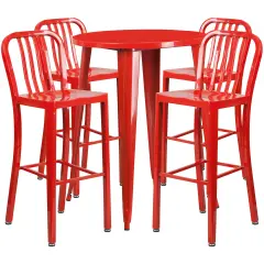 Emma and Oliver Commercial 30" Round Metal Indoor-Outdoor Bar Table Set & 4 Slat Back Stools Red