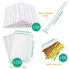 300 Pieces Cake Pop Sticks and Wrappers Kit, Including 100ct 6-inch Paper Lollipop Sticks, 100ct Clear Candy Treat Bags Parcel, 100ct Gold Twist Ties for Cakepop, Lollipop, Hard Candy, Suckers, Chocolate
