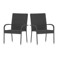 Merrick Lane Set of Mathias Indoor/Outdoor Black Wicker Patio Chairs with Powder Coated Steel Frame, Comfortably Curved Back and Arms Gray