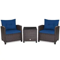 3 Pcs Patio Rattan Furniture Set Cushioned Conversation Set Coffee Table Navy