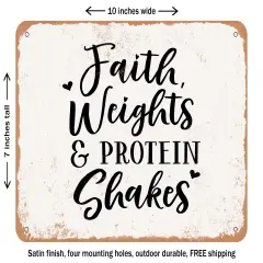 DECORATIVE METAL SIGN - Faith Weights and Protein Shakes - Vintage Rusty Look