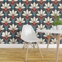 Pre-Pasted Wallpaper 2FT Wide Art Deco Retro Floral Geometric Lotus Nouveau 70S Groovy Boho Scandi Blue Custom Pre-pasted Wallpaper by Spoonflower