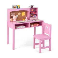 Kids Wooden Desk and Chair Set with 4-tier Storage Shelves and 2 Open Drawers Pink