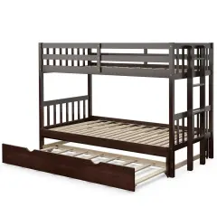 Dark Brown White Wood 4-in-1 Convertible Bunk Bed with Trundle and Ladder Espresso