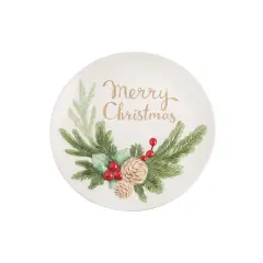 13" x 13" "Merry Christmas" Handpainted Round Dolomite Platter with Pinecone Accents