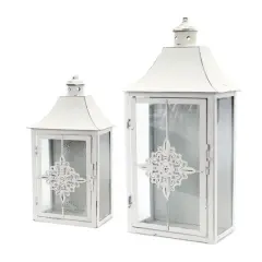 Melrose Set of 2 Vintage White Distressed Pillar Candle Lanterns 19.5"