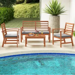 4 Pieces Outdoor Furniture Set With Stable Acacia Wood Frame Grey