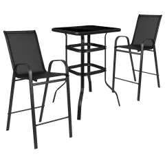 Emma and Oliver 3 Piece Outdoor Bar Height Set-Glass Patio Bar Table-All-Weather Barstools Black