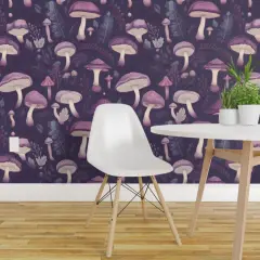 Peel & Stick Wallpaper 2FT Wide Enchanted Purple Mushrooms Woodland Violet Shrooms Botanical Fairies Monochrome Custom Removable Wallpaper by Spoonflower