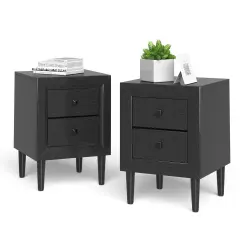 2 Pieces Multipurpose Retro Nightstand with 2 Drawers Black