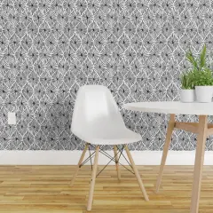Pre-Pasted Wallpaper 2FT Wide Modern Geometric Ink Black Boho Ogee Midcentury Block Print Custom Pre-pasted Wallpaper by Spoonflower