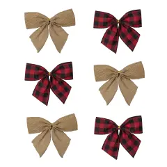 Northlight Buffalo Plaid and Burlap 2-Loop Christmas Bow Decorations - 5.5" - Pack of 6 Red