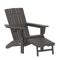 Merrick Lane Ridley HDPE Adirondack Chair with Cup Holder and Pull Out Ottoman, All-Weather HDPE Indoor/Outdoor Lounge Chair Gray