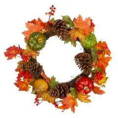 Northlight Leaves, Pine Cones and Pumpkins Artificial Fall Harvest Wreath - 20-Inch, Unlit Orange