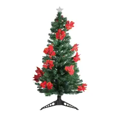 DAK 5' Pre-Lit Medium Fiber Optic Artificial Christmas Tree with Red Poinsettias - Multicolor Lights Green