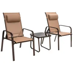 3 Pieces Patio Bistro Furniture Set with Adjustable Backrest Brown