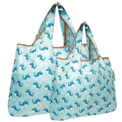 Wrapables Large & Small Foldable Tote Nylon Reusable Grocery Bags, Set of 2 Blue Whales