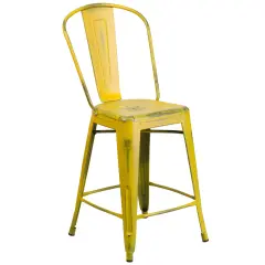 Merrick Lane Sabine Metal Indoor-Outdoor Counter Stool with Vertical Slat Back and Integrated Footrest Yellow