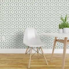 Pre-Pasted Wallpaper 2FT Wide Farmhouse Chic Cottagecore Green Botanical Clover Leaves Vine Thistle Hexagons Custom Pre-pasted Wallpaper by Spoonflower