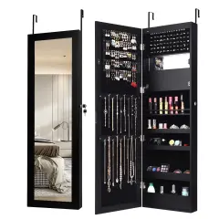 Lockable Wall Door Mounted Mirror Jewelry Cabinet with LED Lights Black