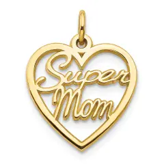 10K Yellow Gold Super Mom in Heart Charm Mother Jewelry 20mm x 16mm