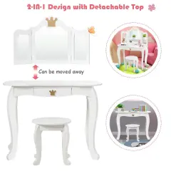 Kids Makeup Dressing Table with Tri-folding Mirror and Stool White